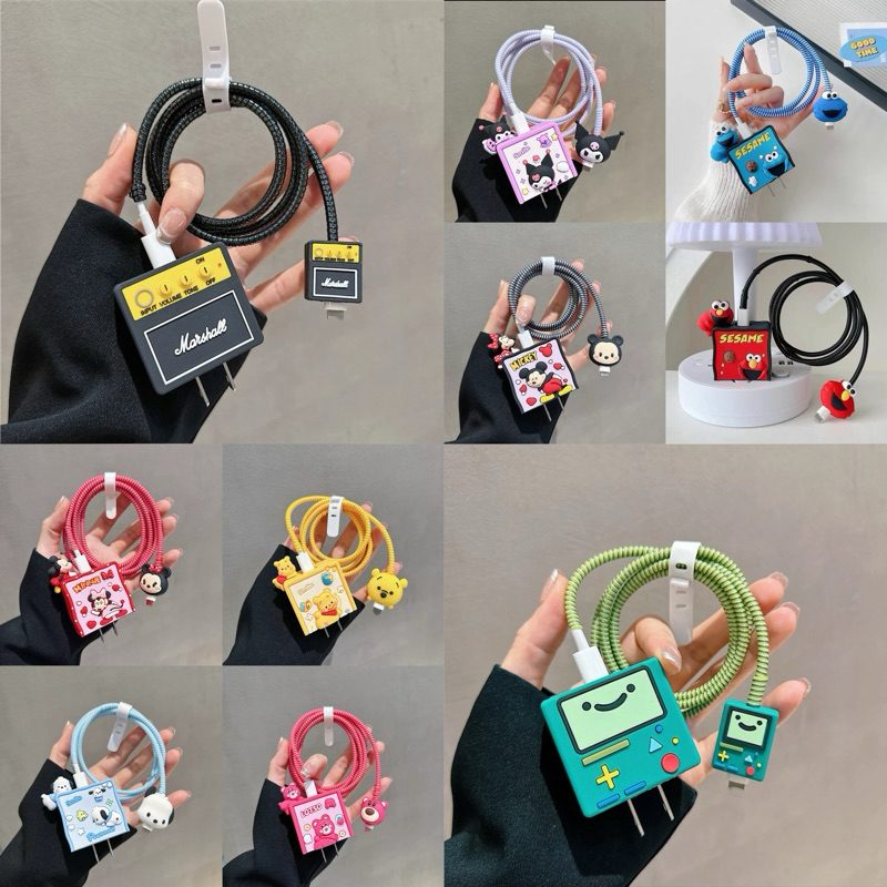 🔥ถูกและดี🔥 ชุดถนอมหัวชาร์จ สายชาร์จ ซิลิโคน งานนิ่ม ลายการ์ตูน สำหรับหัวไอโฟน18วัต 20Wวัต🔥