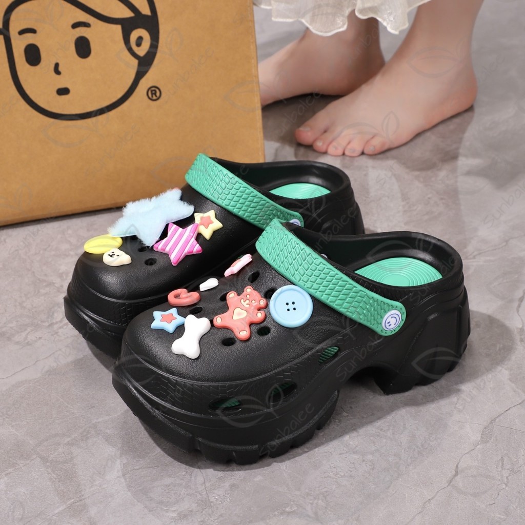H509-DKB รองเท้าหัวโต แถมตัวติดแบบใหม่ เสริมส้นสูง 7 CM รองเท้ารัดส้น วัสดุ EVA สีพาสเทล ทูโทน สินค้าพร้อมส่ง