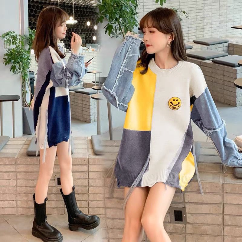 คาร์ดิแกน​ไหมพรม​แต่งแขนผ้ายีนส์​แท้ตัวเสื้อตัดแต่งผ้าไหมพรมสลับสี