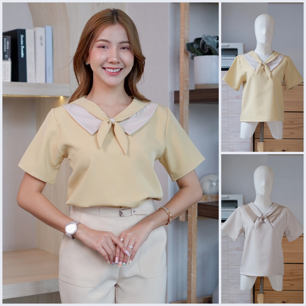 B19  เสื้อแขนสั้น คอปกทูโทน แต่งโบว์ ใส่ทำงานสวยๆ ชุดทำงาน สไตล์มินิมอล เกาหลี ร้าน Easter Egg