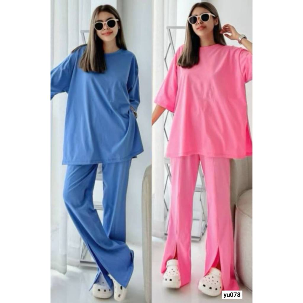 เซทเสื้อยืดแขนสั้น ทรงแบบ Oversize ไหล่ตก มาพร้อมกางเกงขายาวทรงขาม้านิดๆ ชุดเซ็ท ชุดเซต yunaka