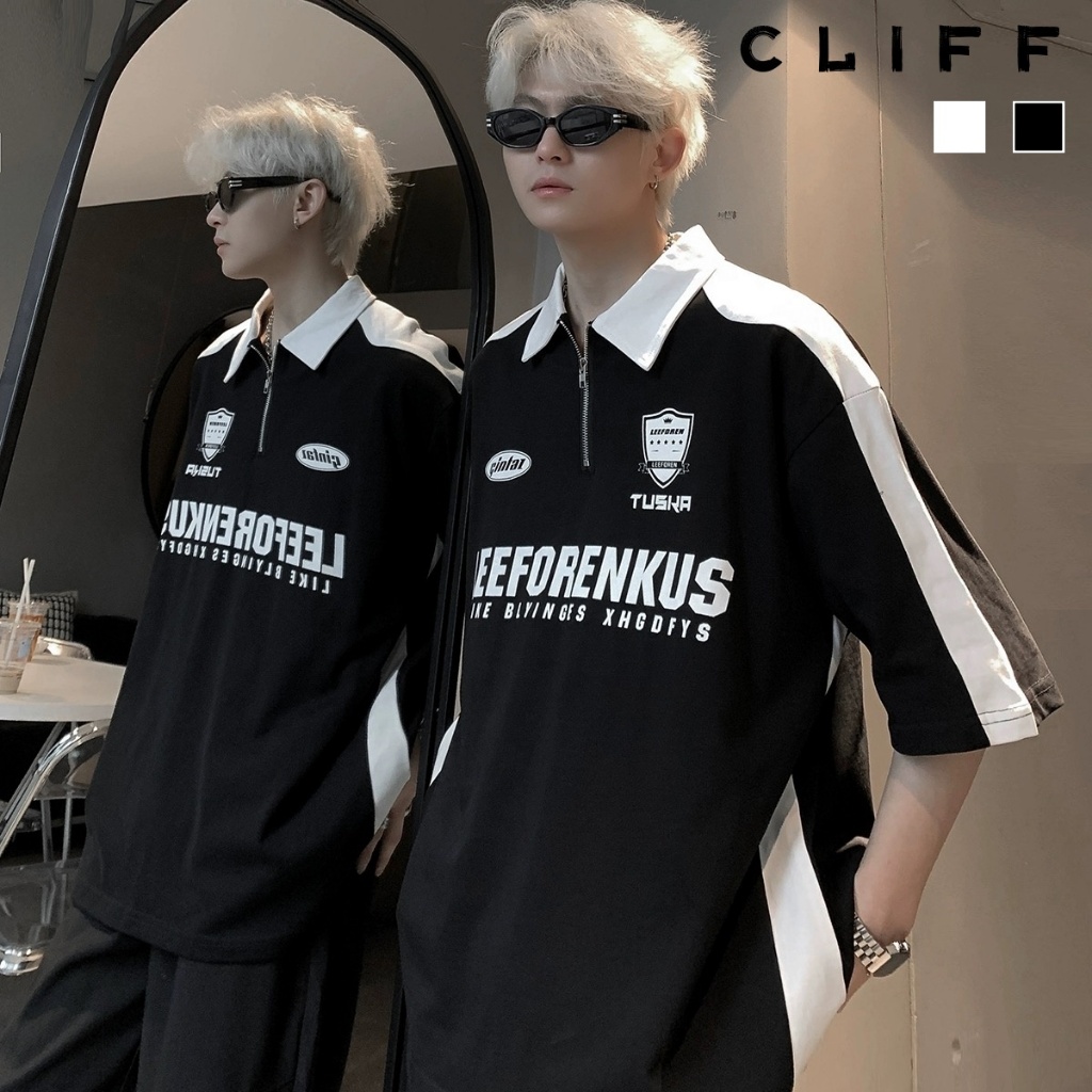 CLIFF -COD✅เสื้อโปโลผู้ชาย รุ่นหลวม สีดำและสีขาวคลาสสิก ซิปออกแบบคอเสื้อ เสื้อแขนสั้นฤดูร้อน ชุดคู่รัก