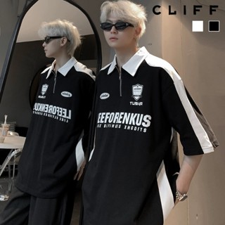 CLIFF -COD✅เสื้อโปโลผู้ชาย รุ่นหลวม สีดำและสีขาวคลาสสิก ซิปอ…