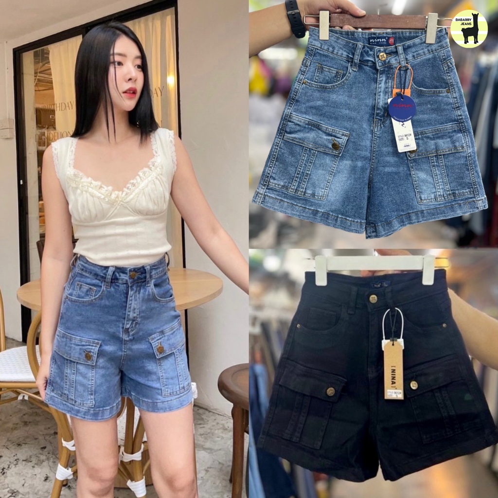 Babarry - กางเกงขาสั้น ทรงคาร์โก้ ผ้ายีนส์ยืด (S-3XL) งานนำเข้า เกรด Premium เกาหลีเกาใจ