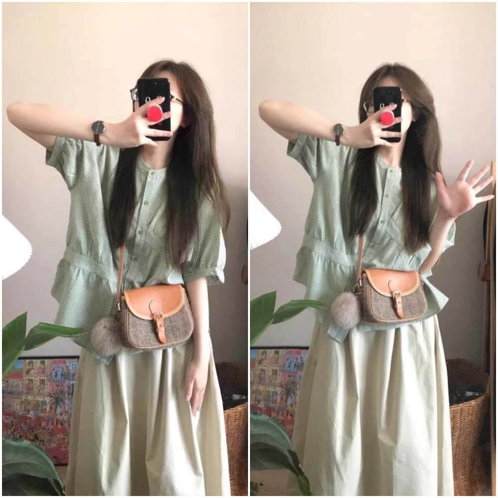 SMDB132 เสื้อเบลาแขนสั้นสไตล์ญี่ปุ่นน่ารักๆผู้หญิง FreeSize อก 44 สีเขียวคอจีนแขนพองลายตารางทรงหลวม พร้อมส่งจากไทย
