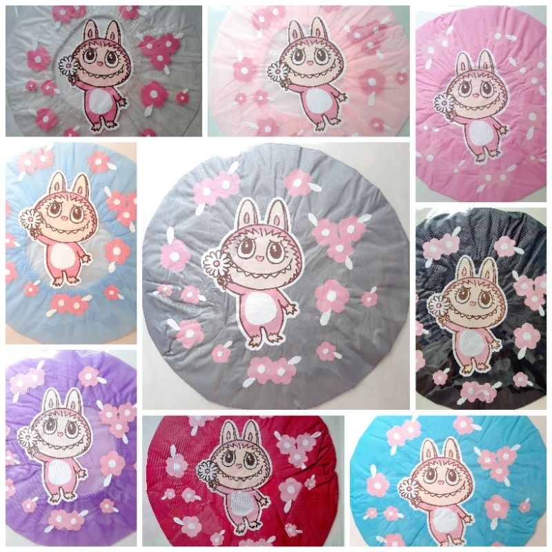 👒หมวกอาบน้ำ ลายลาบูบู้ดอกไม้ labubu หมวกคลุมผมอาบน้ำ