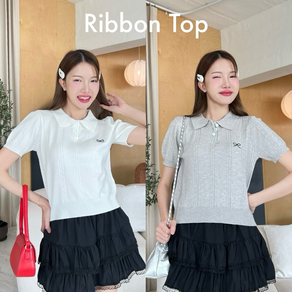 88story.th - Ribbon top 3 สี พร้อมส่ง เสื้อคอปกไหมพรมลายถักงานปักโบว์
