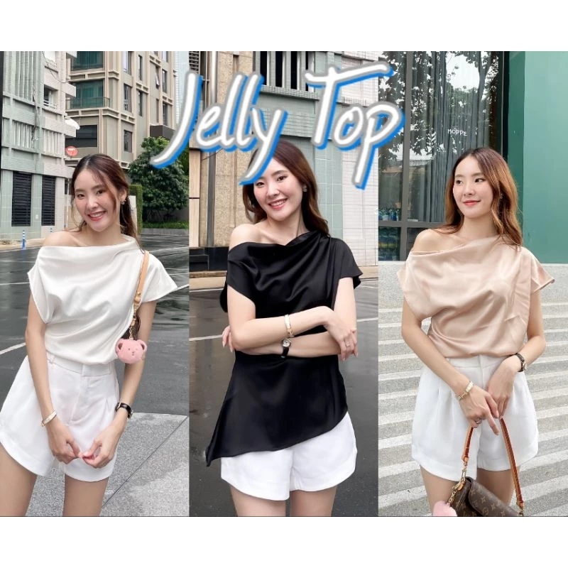 Jelly Top เสื้อปาดไหล่ ผ้ามี 3แบบ อ่านรายละเอียดก่อนนะคะ ซาติน ผ้าลายจุด ผ้าริ้วนูนพาสเทล