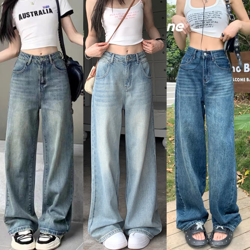 กางเกงยีนส์ขากว้าง เอวสูง ทรงหลวมสไตล์เกาหลีย้อมอมยุท พร้อมส่ง