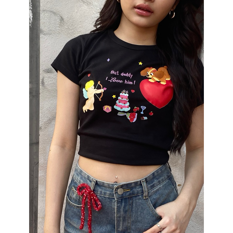 (Glitzyv.) เสื้อยืดCroptop; Valentine Love edition **พร้อมส่งรุ่นใหม่ยาว17“ >>(เก็บโค้ดสินค้าเเฟชั่นลด30%สูงสุด1000-.)