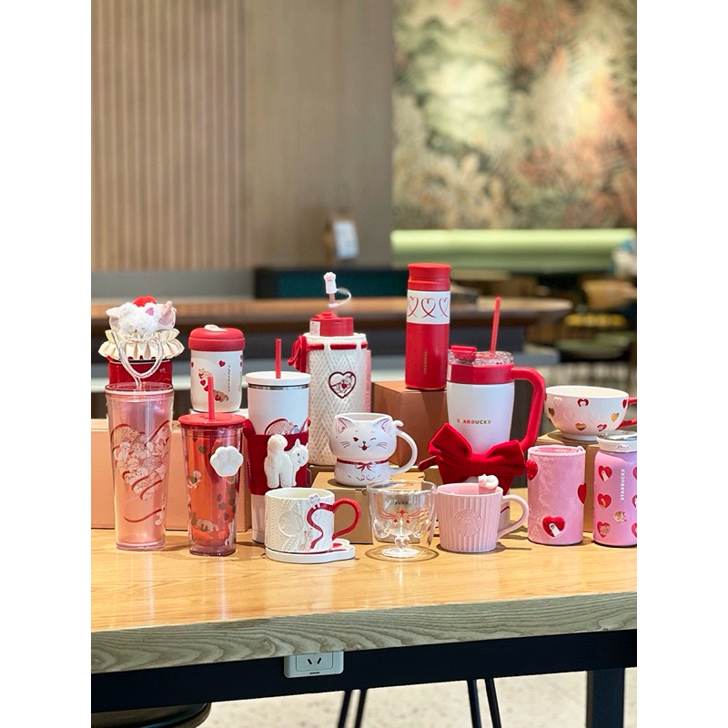 [ พร้อมส่ง ] Starbucks Valentine Day สตาร์บัคส์ แก้วน้ํา น้องแมว Cat โบว์แดง พร้อมหลอดดูด 400 ml - 1100 ml