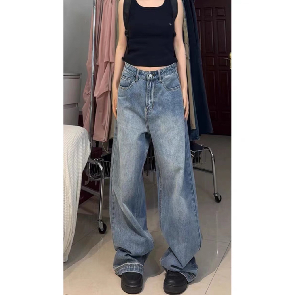 Women Summer New American Style Ins High Street Retro Jeans Niche High Waist Wide Leg Plus Size Pants - รูปที่ 4