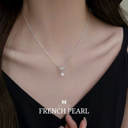 MEET💕 พร้อมส่ง French Pearl ไข่มุกสีขาว สร้อยคอเงิน925 สร้อยไข่มุก จี้ไข่มุก สร้อยคอเพชร สร้อยแฟชั่น