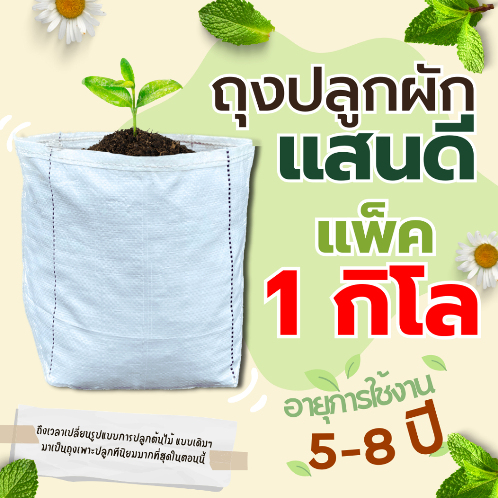 ถุงเพาะปลูก 1 กิโล ตราแสนดี  เพาะชำ ปลูกผัก ระบายน้ำดี รากเดินไว​   ใช้ทนนานได้​ 8​ ปี