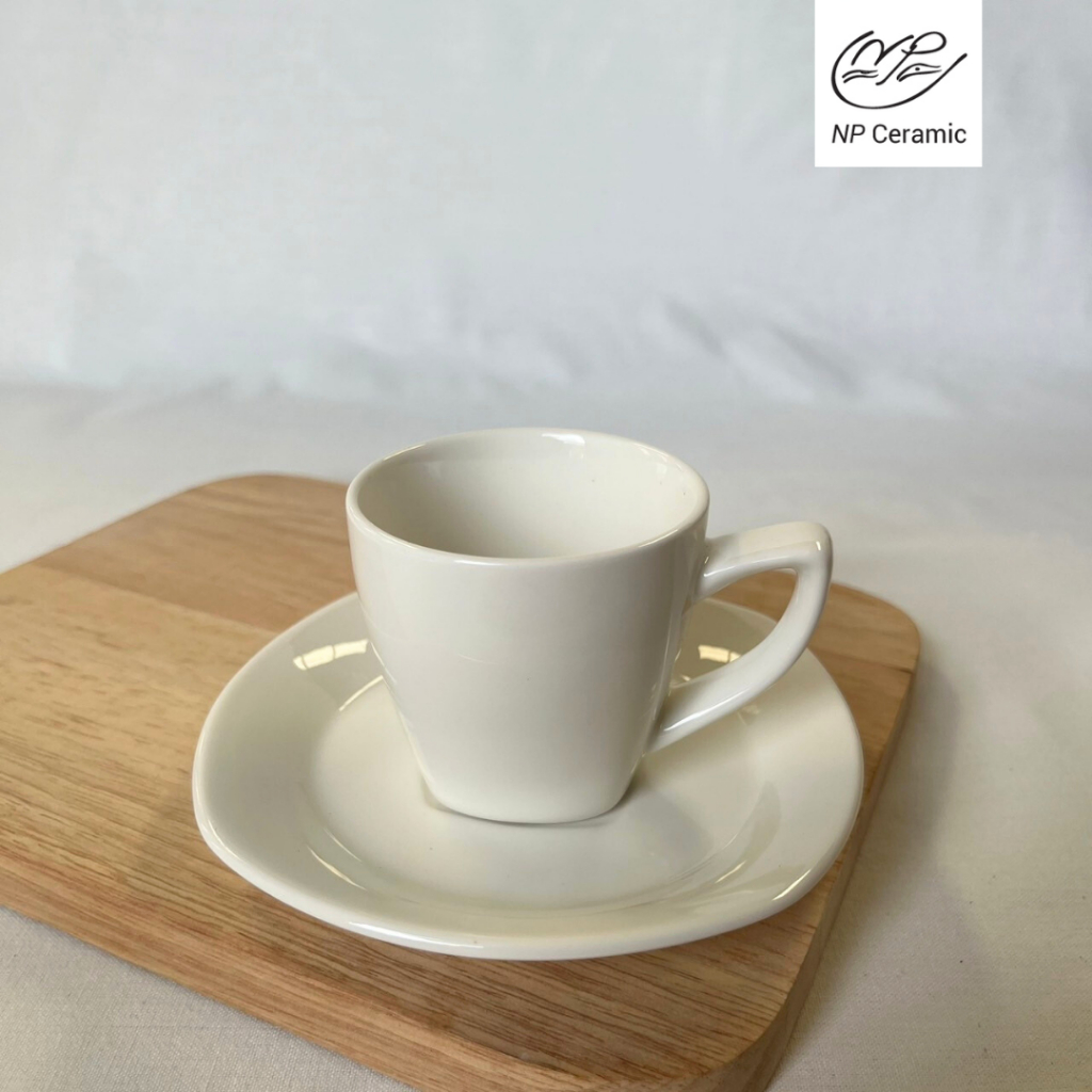 NP Ceramic แก้วเซรามิค แก้วเอสเปรสโซ่ จานรองแก้วเอสเปรสโซ่ สีขาว เข้าไมโครเวฟได้