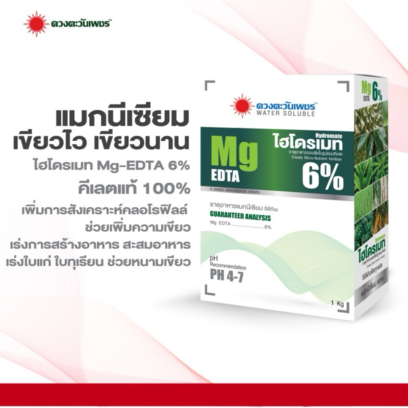 ไฮโดรเมทแมกนีเซียม EDTA 6% คีเลตแท้ 100%   ชนิดผง ขนาด 1 กิโลกรัม ตราดวงตะวันเพชร ช่วยให้ใบเขียวใบเข้ม