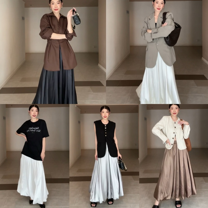 เปิดพรี 2033/9901 New Glossy Silk Satin Balloon Skirt (550฿) กระโปรงแมกซี่ทรงบอลลูนผ้าซาติน ขอบเอวยาง studioX2