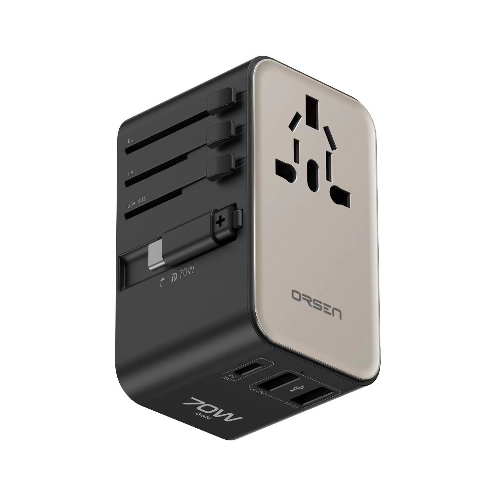 Orsen By Eloop C22 PD70W Travel Adapter หัวแปลงปลั๊กไฟ 2USB+1Type-C พร้อมสายในตัว