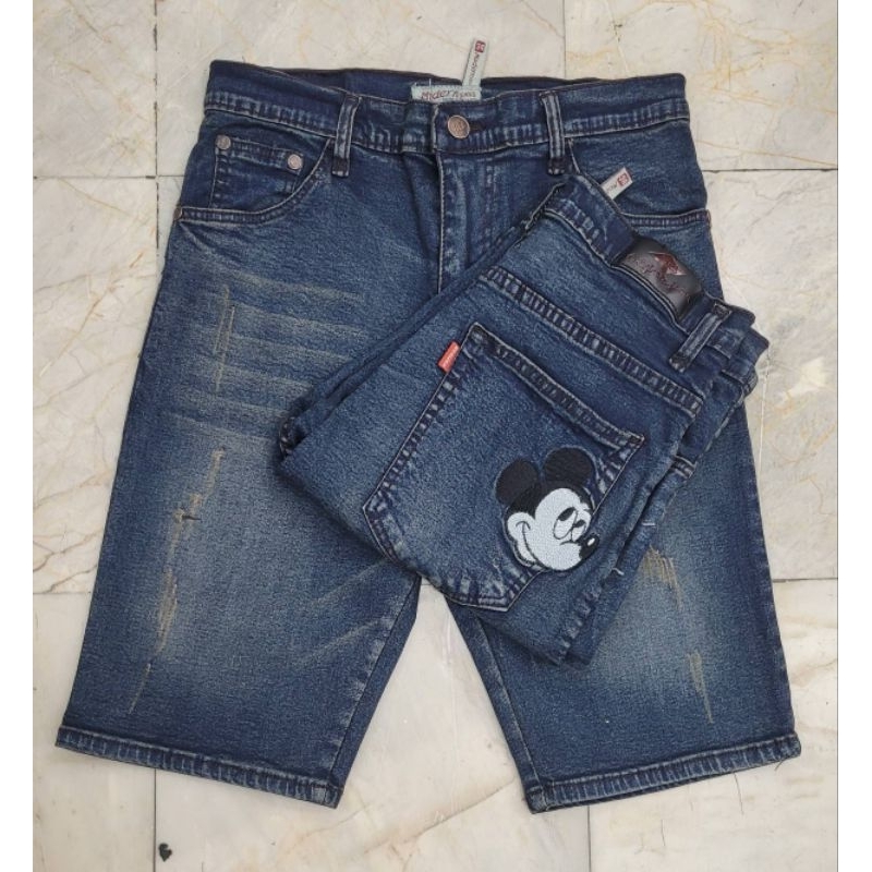 MD jeans กางเกงยีนต์เอวสูง3ส่วน ผ้ายีนต์ยืด  ปลายขาเย็บ ปักมิกกี้กระเป๋าหลังยีนส์สาวอวบอ้วน