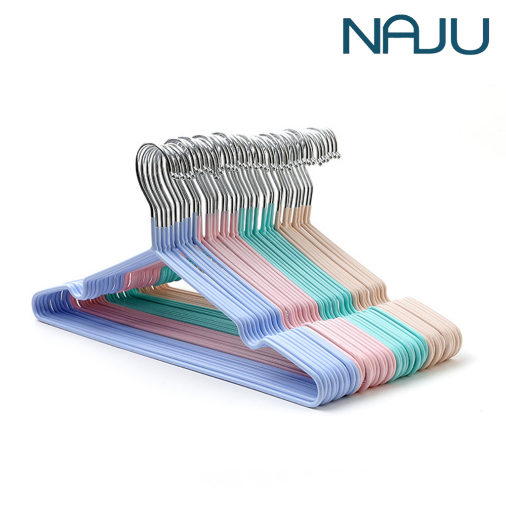 Naju ไม้แขวนเสื้อ ไม้แขวนเคลือบซิลิโคน ไม้แขวนสแตนเลส  Clothes hanger 10ชิ้น มีร่องกันผ้าหล่น
