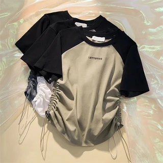 เสื้อครอปสาวอวบน่ารัก oversize เสื้อผ้าแฟชั่นเกาหลีมาใหม่ เสื้อยืดเชือกรูดข้างสวยๆผู้หญิงที่กําลังฮิต สีทูโทน ผ้าใส่สบาย