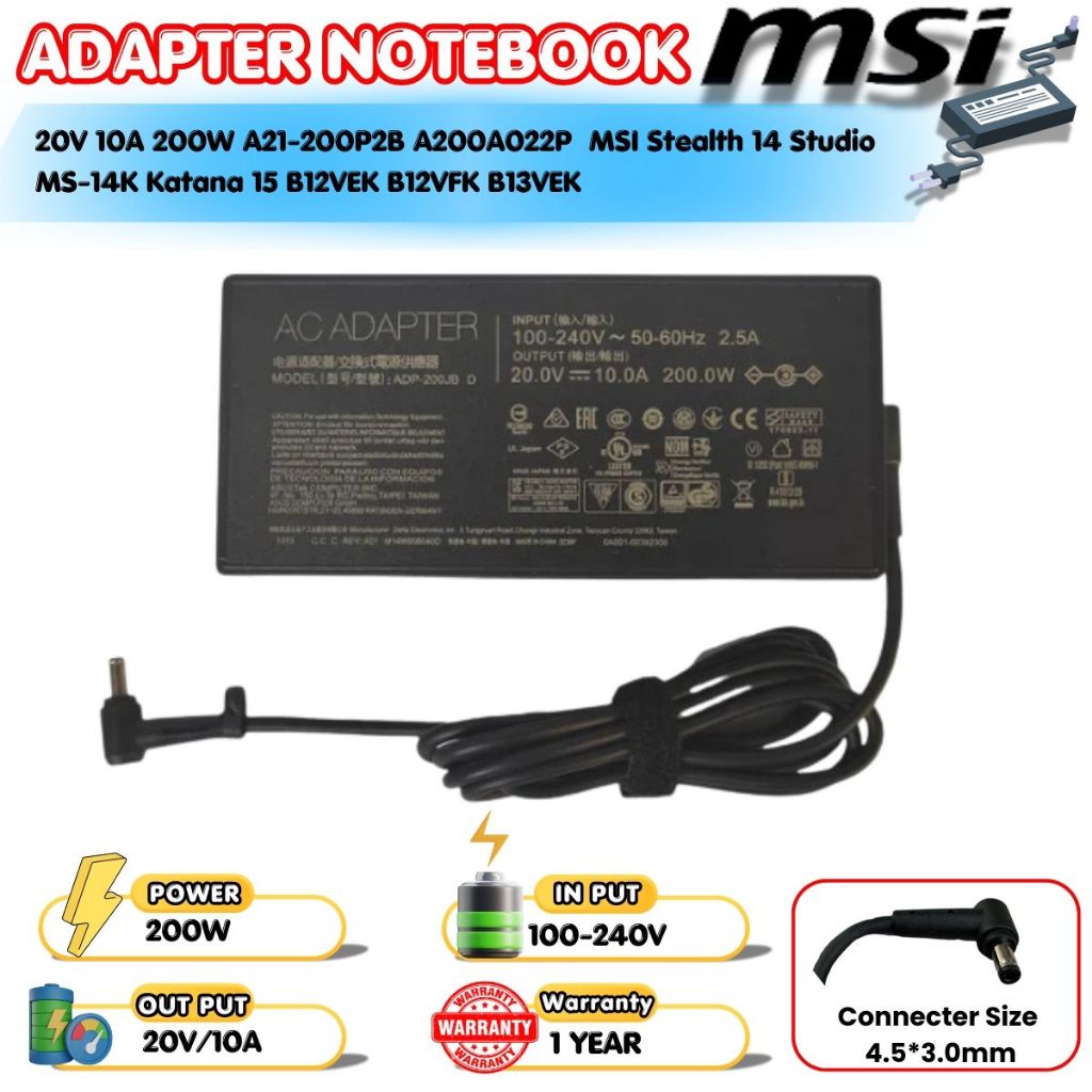 (ส่งฟรี ประกัน 1 ปี) MSI Adapter 20V 10A 200W MSI Stealth14 Studio MS-14K Katana15 B12VEK Bravo 15 C