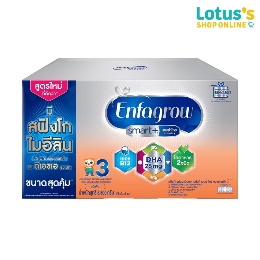 เอนฟาโกร สมาร์ทพลัส นมผง สูตร 3 ขนาด 3800 กรัม. ENFAGROW SMART+3 PLAIN 3800G.