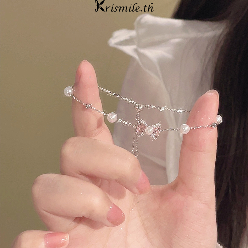 COD-ในไทย💖สร้อยข้อมือ ประดับโบว์ ประดับไข่มุก สีชมพู น่ารักหวาน Insสไตล์เกาหลี แฟชั่นสําหรับผู้หญิง สแตนเลส ปรับขนาดได้-