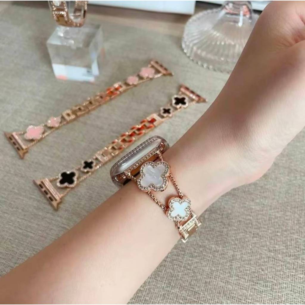 สายสแตนเลส ลายดอกไม้ โซ่สีโรสโกล สามรถปรับขนาดตามข้อมือได้ สายนาฬิกาsmart watch size 38/40/41mm 42/44/45/49mm