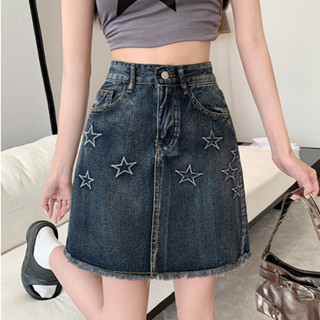 Beautified กระโปรงยีน์สั้นงานปัก เองสูง ปลายปล่อย ปักลายดาว
