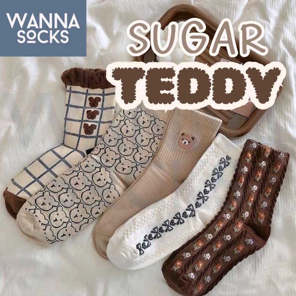 ส่งจากไทย!! ถุงเท้าลายน่ารัก TEDDY ลายลูกไม้ แนวน่ารัก ข้อกลาง ผ้าฝ้าย สีพื้น ถุงเท้าสไตล์ญี่ปุ่น A59