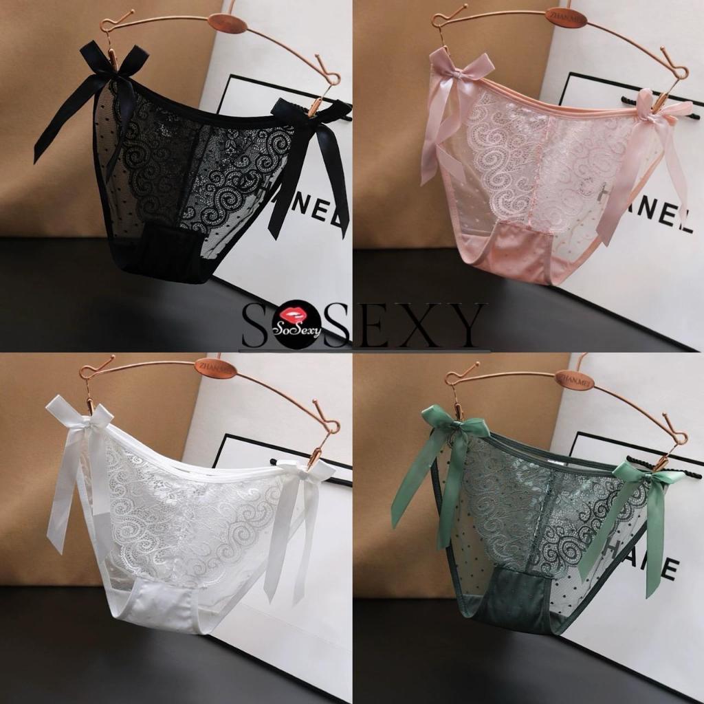 Sosexy💋So144 กางเกงใน เนื้อผ้าซาติน ผ้านุ่มลื่นใส่สบาย แต่งซีทรูลายจุด ผูกโบว์ใหญ่ ดีไซน์เก๋ พร้อมส่ง 5สี