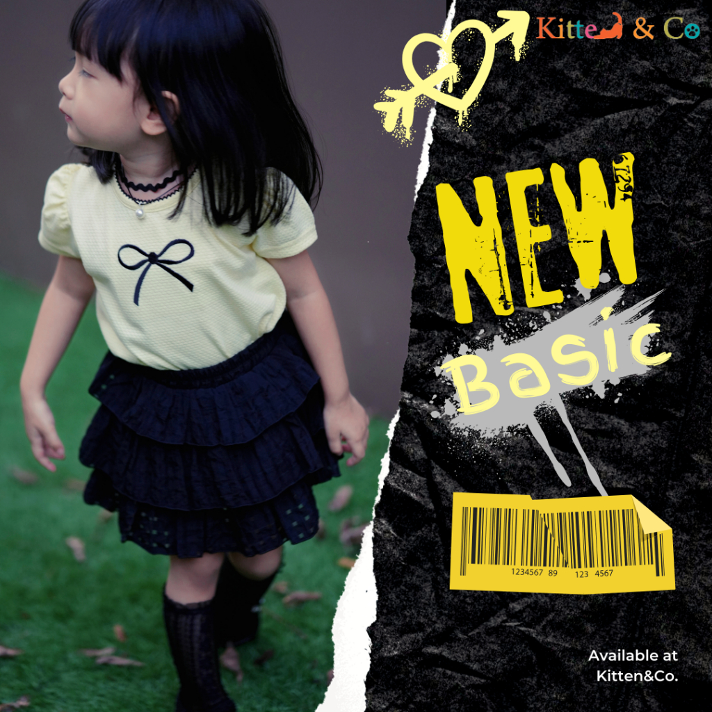 Kitten & Co: Basic Set 2 ชิ้น เสื้อเหลืองปักโบว์ดำกับกางเกงกระโปรงดำ (BS12)