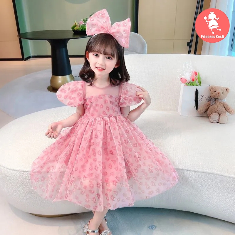 PRINCESS KESLI ชุดเดรสกระโปรงผ้าชีฟองสไตล์เจ้าหญิงลายดอกไม้สีชมพูพร้อมที่คาดผมรูปโบว์