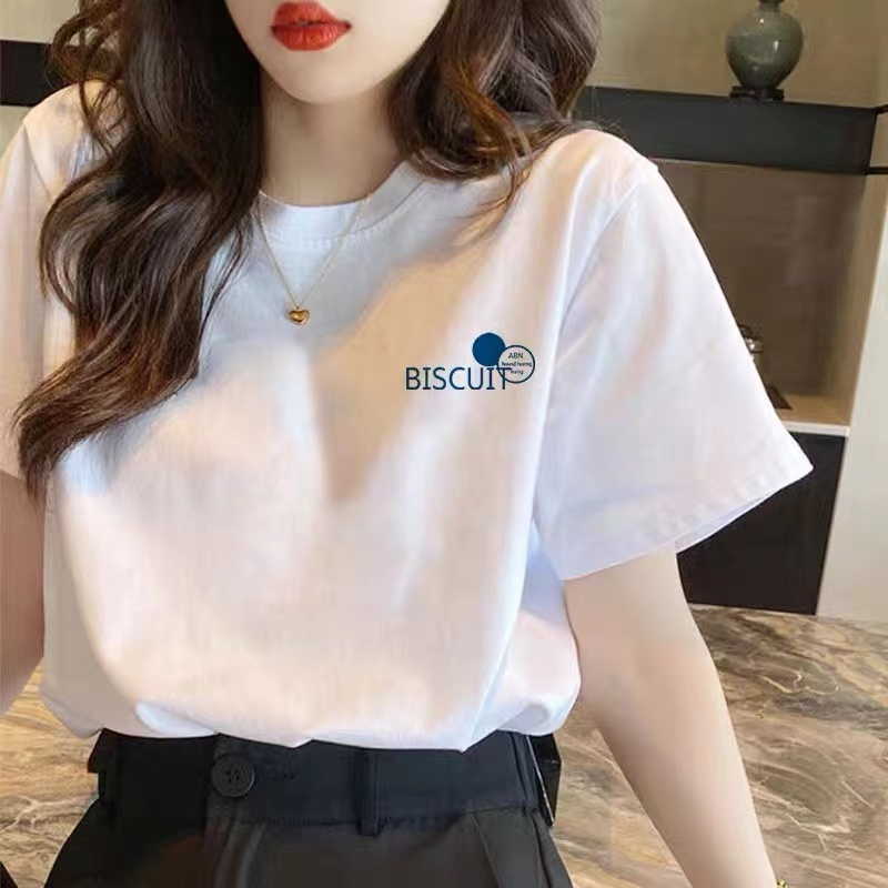 ผ้าฝ้ายแขนสั้นเสื้อยืดสุภาพสตรีฤดูร้อน 2024 ใหม่ ins แฟชั่นแบรนด์วินเทจหลวม ๆ สบาย ๆ ร้อยเสื้อผ้า
