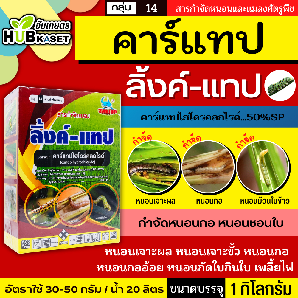 ลิ้งค์-แทป 1กิโลกรัม (คาร์แทป-ไฮโดรคลอร์ไรด์) กำจัดหนอนกอ หนอนม้วนใบ หนอนกระทู้ เพลี้ยอ่อน เป็นพิษต่อผึ้งต่ำ