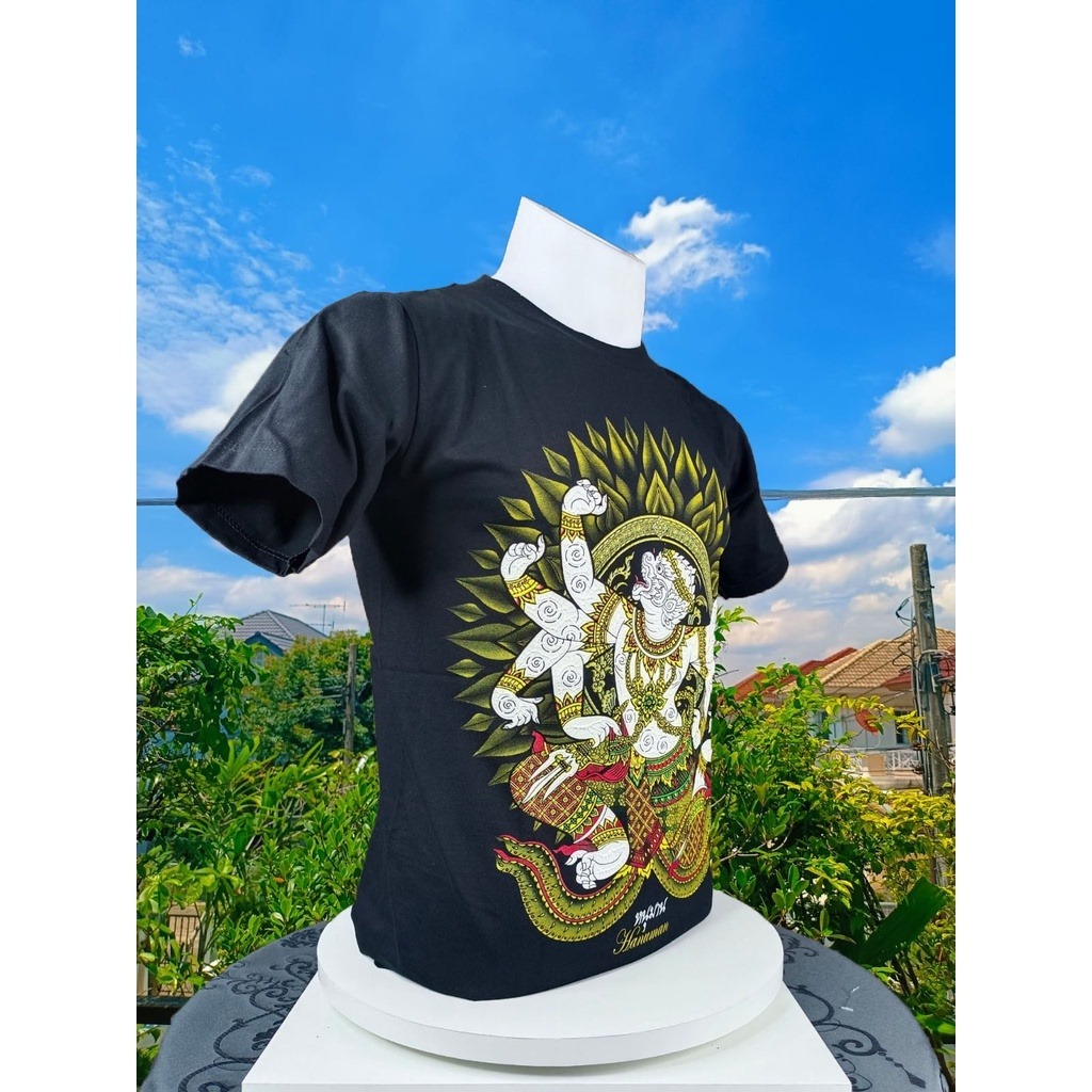 เสื้อยืด คอกลม ลายไทย สีดำ ลายหนุมาน  ใส่สบาย ลายเท่ๆ  BLACK