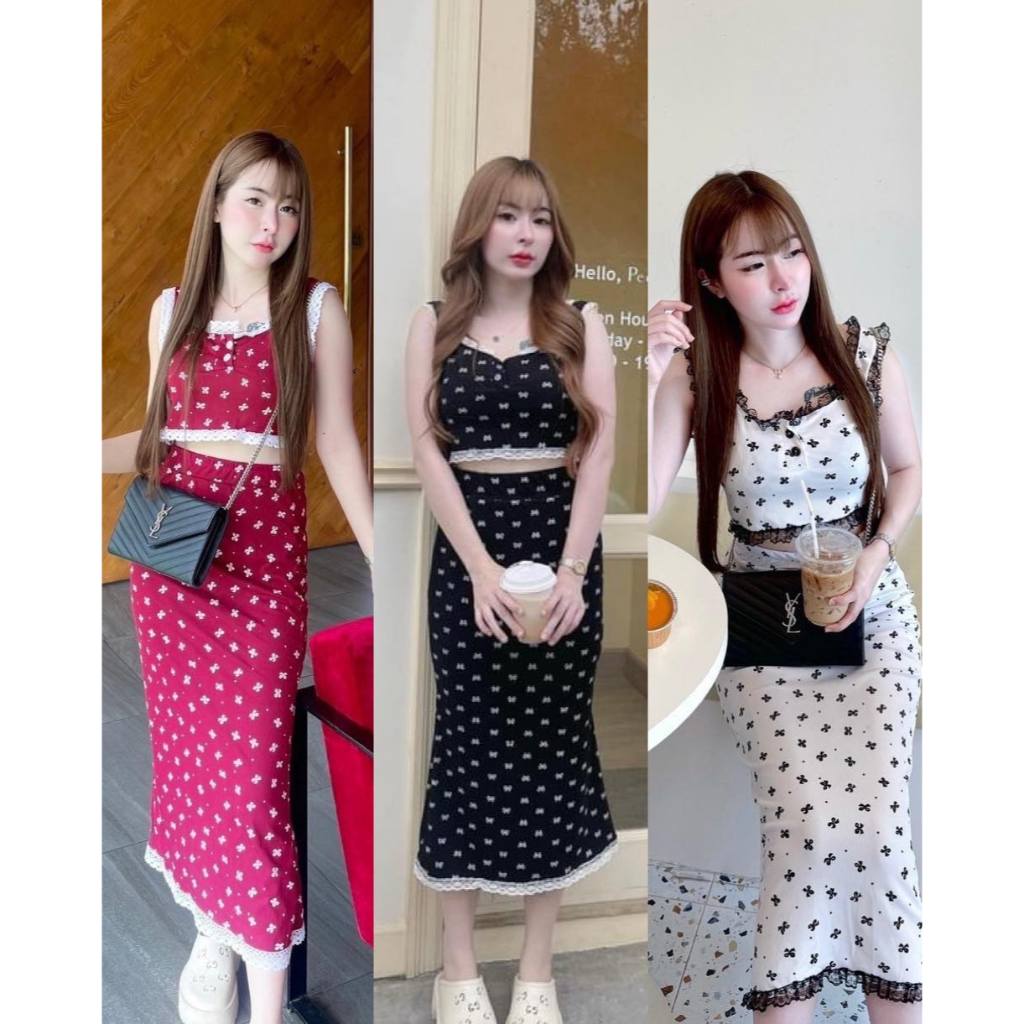 SP ชุดเซ็ต 2 ชิ้น ผ้าร่องพิมพ์ลายโบว์ เสื้อกล้ามครอปแต่งลูกไม้ + กระโปรงเดรสเข้ารูป น่ารักมากๆ