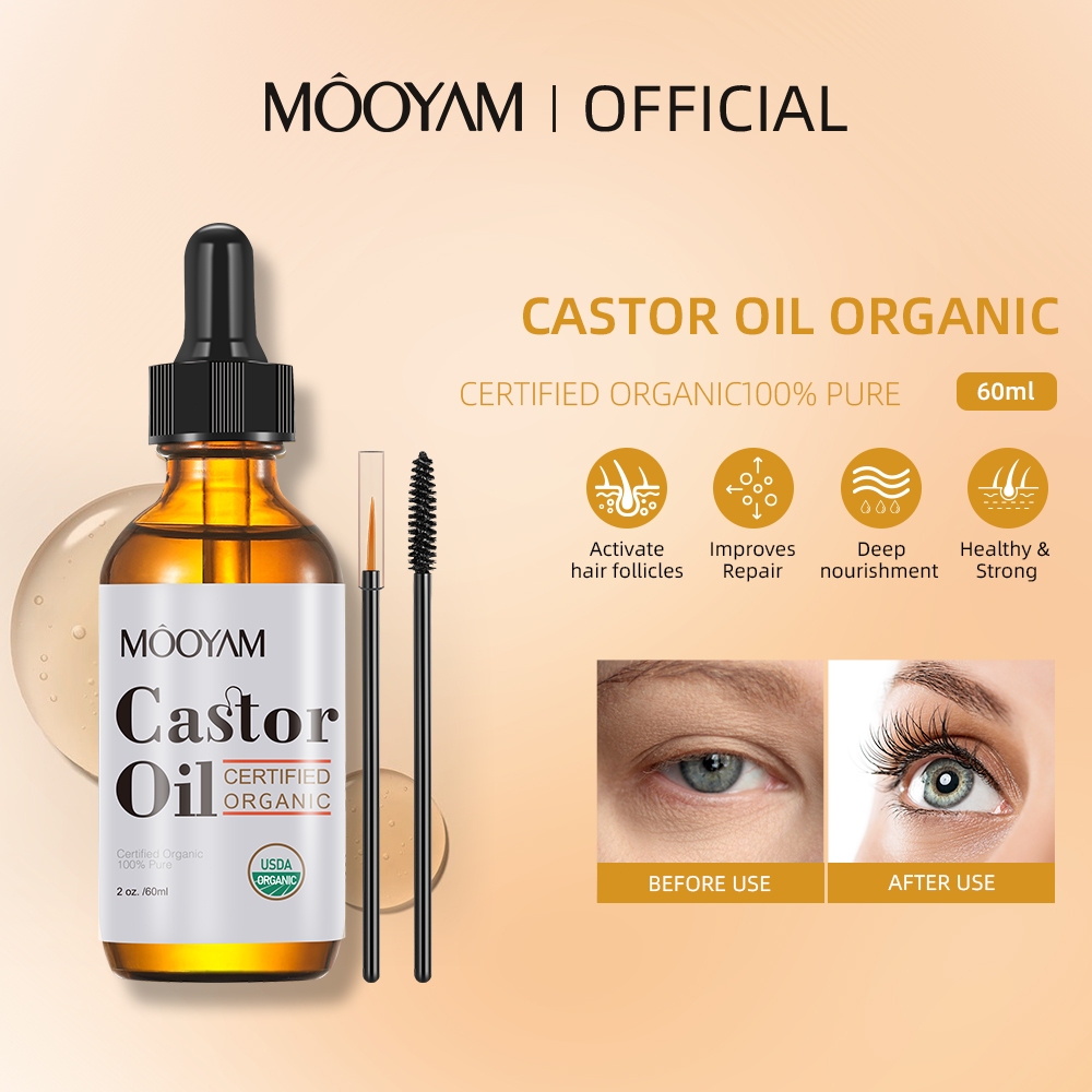 MOOYAM น้ำมันละหุ่ง Castor Oil Organic 100% ธรรมชาติบริสุทธิ์เย็นกด Castor Oil สำหรับขนตาและเส้นผม 60ml น้ำมันบำรุงผม