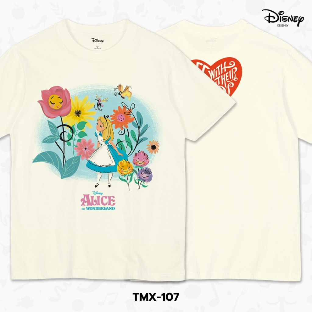 Power 7 Shop เสื้อยืดการ์ตูน ลาย "Alice in Wonderland" คอลเลคชั่น "Disney Classics" ลิขสิทธิ์แท้ DISNEY(TMX-107-สีครีม)