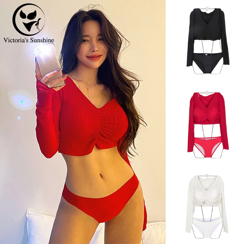 Victoria's Sunshine ชุดว่ายน้ําบิกินี่ bikini+เสื้อเชิ้ตแขนยาว 3 ชิ้น มีโครง เอวต่ํา sexy