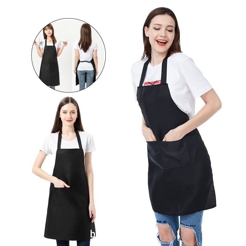ผ้ากันเปื้อนสีดำพร้อมกระเป๋าขนาดใหญ่ 2 ใบปรับได้ผ้ากันเปื้อนแขวนคอ Unisex ป้องกันคราบสกปรก