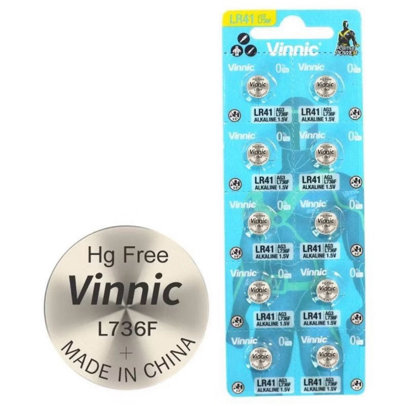 ถ่านVinnic L736F/LR41/AG3 alkaline 1.5V ของแท้ แผง10ก้อน