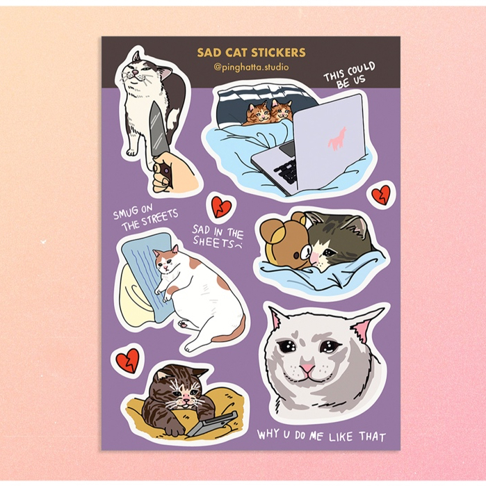 สติกเกอร์แผ่น Sad Cat Meme Sticker Sheet สติกเกอร์กันน้ำ ลายมีมแมว แบรนด์ Chonky Goods | funny cat stickers, cursed cat