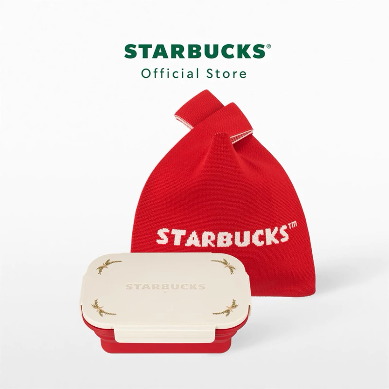 กล่องใส่อาหาร starbuckซิลิโคนของแท้💯 ไม่ผ่านการใช้งาน พับได้ ของใหม่พร้อมถุงผ้าสีแดง.