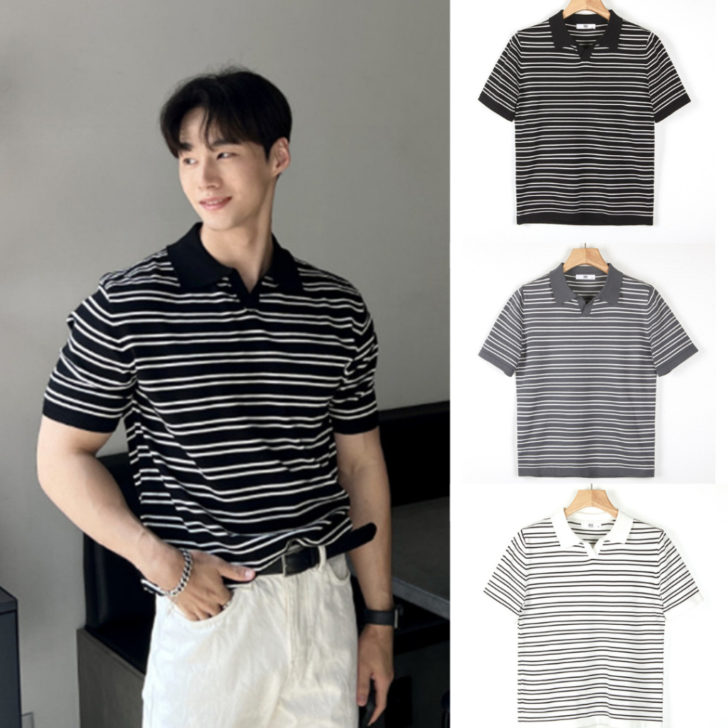 StylePop เสื้อโปโลแขนสั้น ทรงเกาลี ผ้าถักลายทาง (ผ้านุ่มใส่สบาย) Knit Polo Shirt SM24