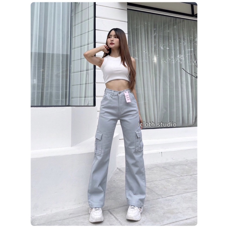 🤎 Chuu-5kg Cargo jeans Y2K🤍 กางเกงยีนส์ขากระบอก สไตล์คาร์โก ดีเทลกระเป๋าข้าง