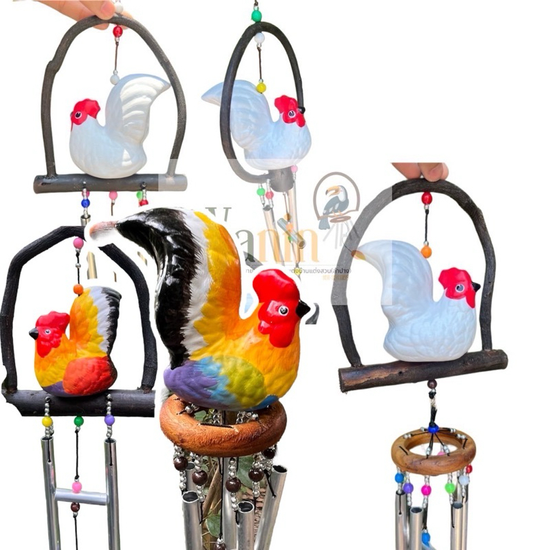 โมบายแขวนเซรามิก ตุ๊กตาไก่ ขาวเซรามิค กรงไม้(5แท่ง,2แท่ง)(พร้อมส่ง)แต่งบ้านแต่งสวน