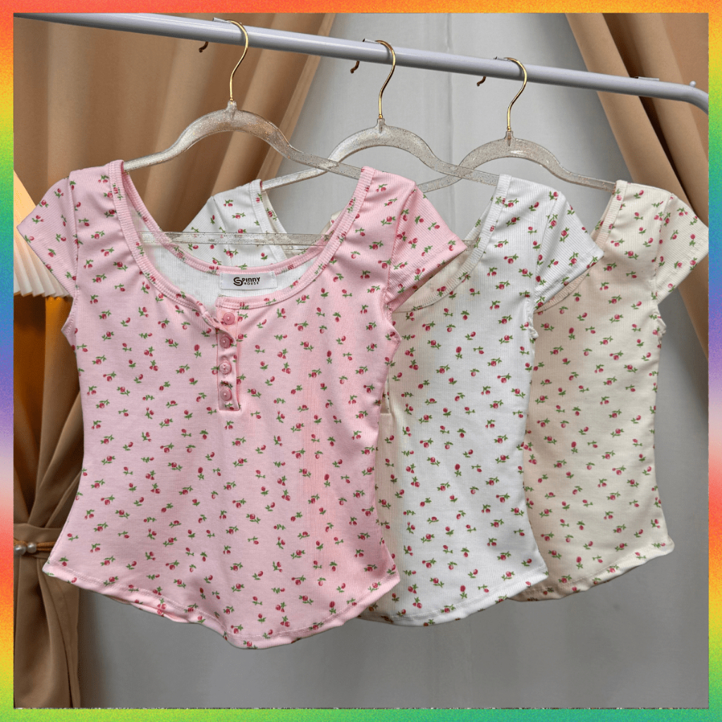 🌈Mesub289🌈เสื้อยืดแขนสั้น ครอปBABYTEE ลายดอกไม้น่ารัก 🐰 ดีเทลติดกระดุม  ผ้ายืดเยอะใส่สบาย  รุ่น ส้มเช้ง