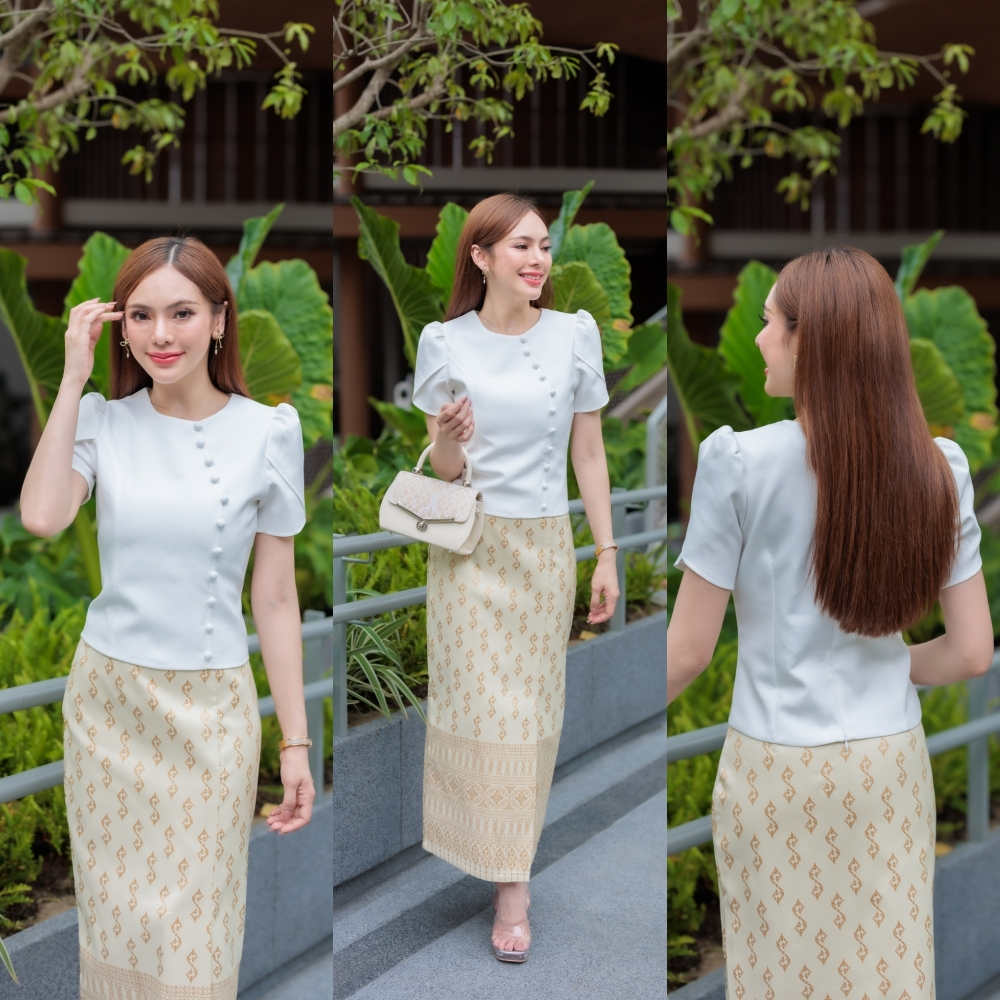 Kety Smile ผ้าถุงทอลายขอพระราชทาน อัดกาวทั้งชุด (S-2XL) N673